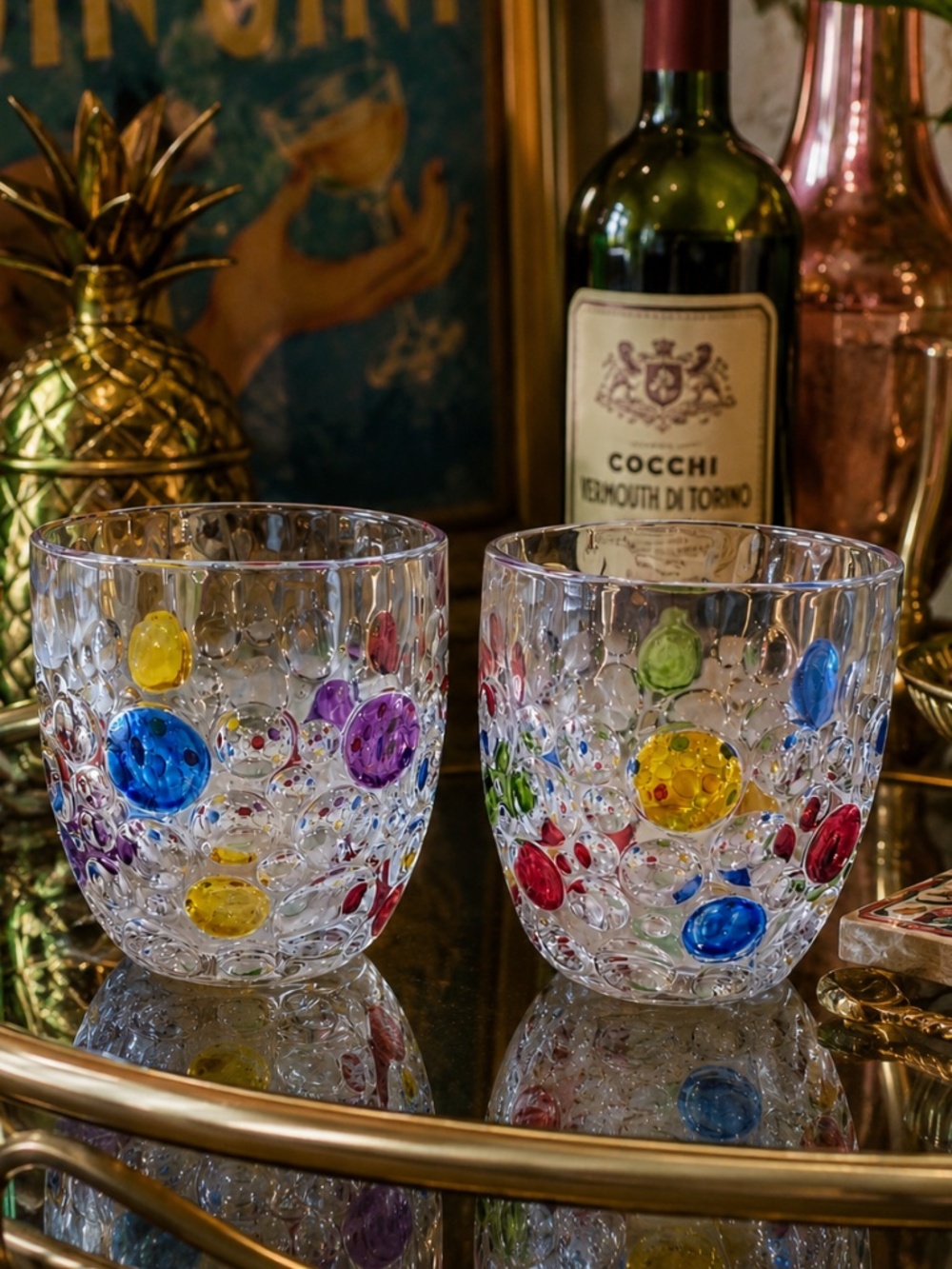 Vintage Murano Style Confetti Art Glass Tumblers Optic Bubble Set of 2